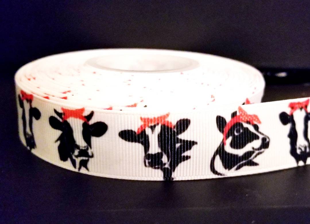 7/8" Cow Ribbon. Black and White Cow