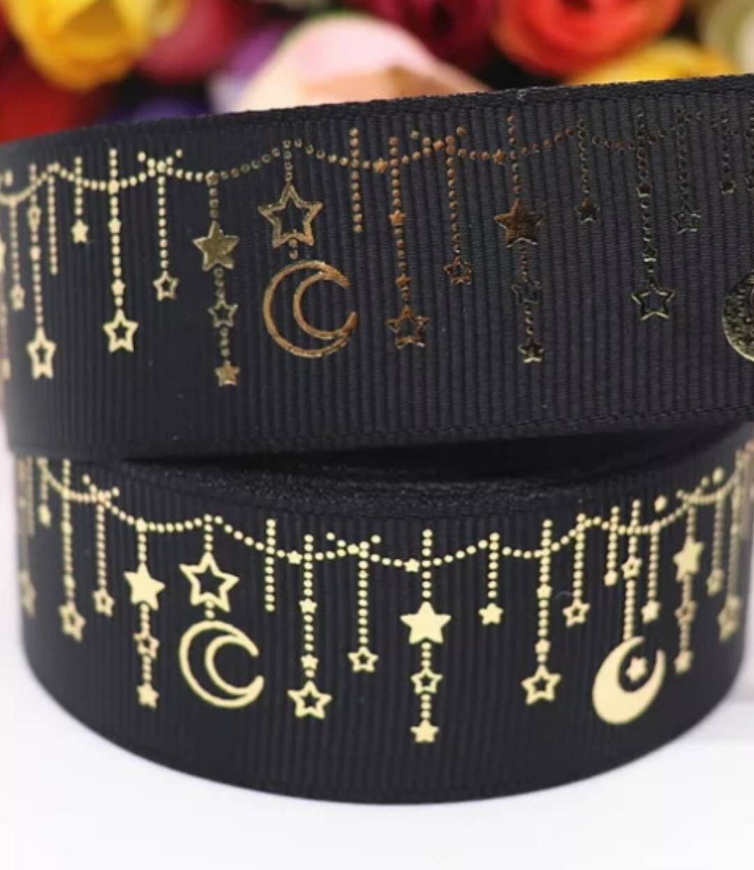 1.5" Black Gold Foil Moon and Stars Grosgrain Ribbon. Twilight Galaxy ribbon