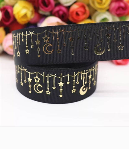 1.5" Black Gold Foil Moon and Stars Grosgrain Ribbon. Twilight Galaxy ribbon