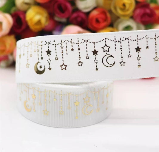 1" White Wedding Gold Foil Moon and Stars Grosgrain Ribbon