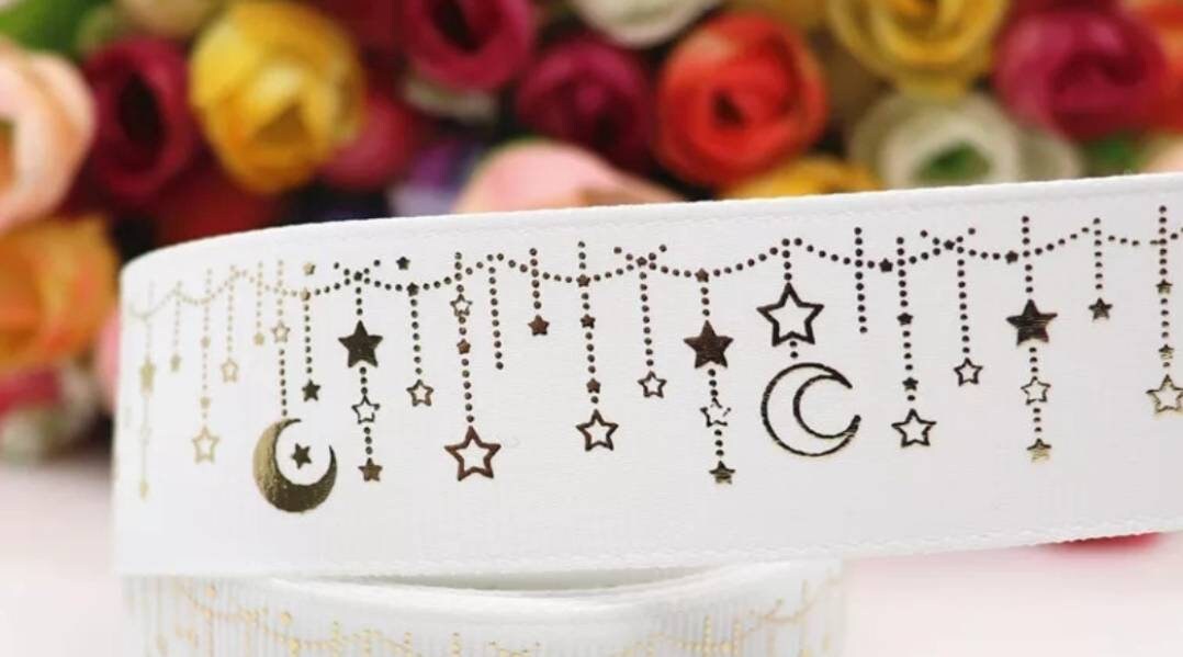 1" White Wedding Gold Foil Moon and Stars Grosgrain Ribbon