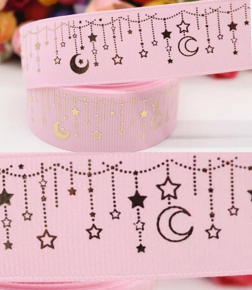 1" Pink Gold Foil Moon and Stars Grosgrain Ribbon