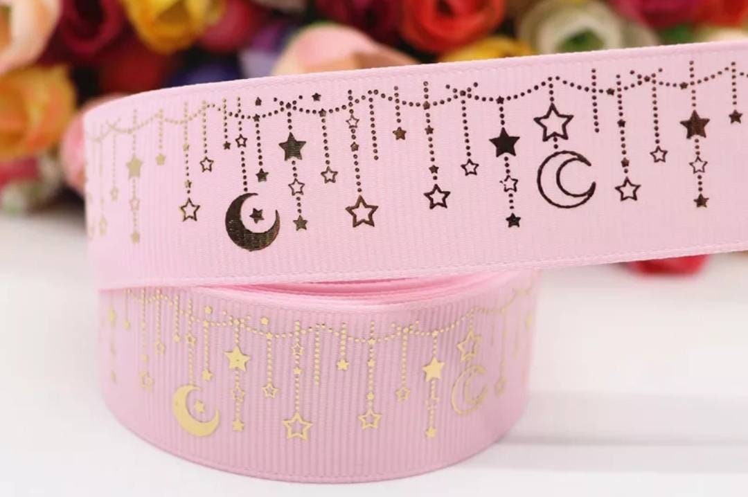 1" Pink Gold Foil Moon and Stars Grosgrain Ribbon