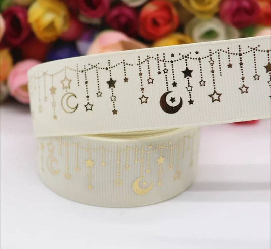 1" Cream Ivory Wedding Ribbon. Gold Foil Moon and Stars Grosgrain Ribbon. Wedding planner. Cream Wedding Ribbon. Wedding Decorations