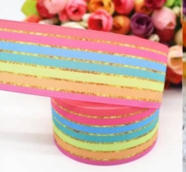 1.5" Bright Rainbow of Pink, Blue, Yellow and Orange with Gold Foil Stripes Ribbon