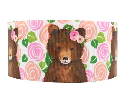 7/8" and 1.5" Teddy Bear Grosgrain Ribbon Adorable Flower Bear Baby Showers. Bear Animal Ribbon. Diaper Cake ribbon. Baby Theme Ribbon