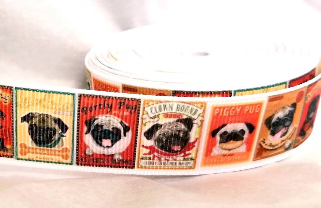 5/8'' Pug Dog Ribbon. Piggy Pug Dog