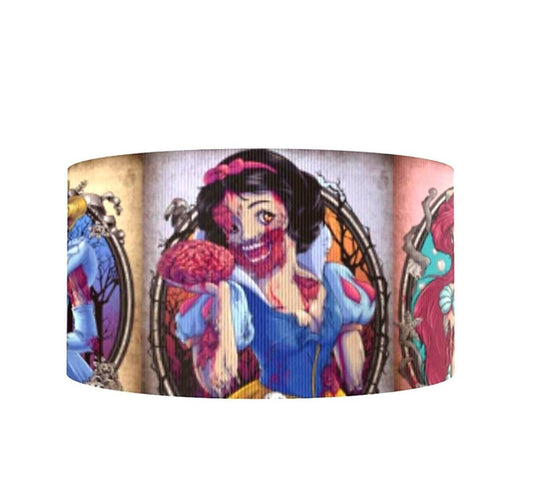 7/8" Scary Princesses Ribbon. Snow White Cinderella Ariel and more Princess Grosgrain Ribbon. Snow White Evil Apple.