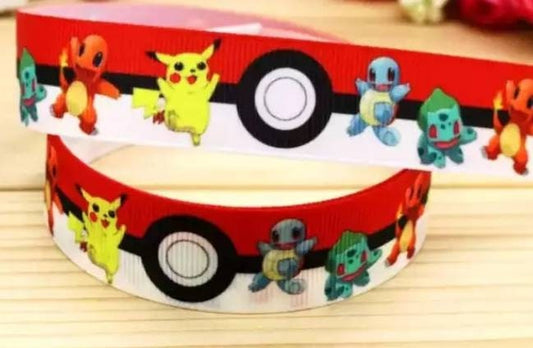 7/8" Pokeman Grosgrain Ribbon. Pokeballs and Pikachu