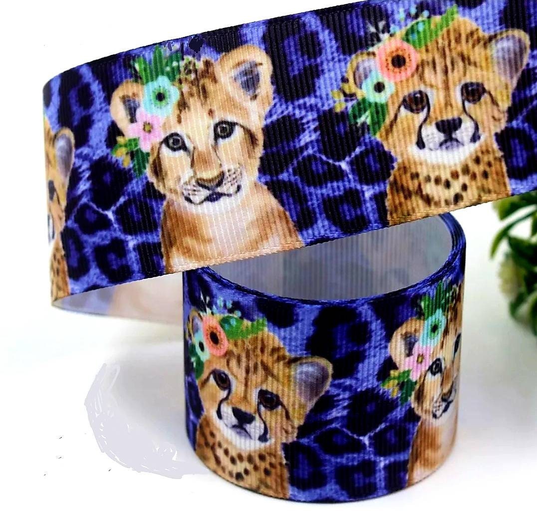 7/8" Lion Cub and Baby Cheetah Grosgrain Ribbon. Deep Purple Ceetah Print with Adorable Baby Lion Cub and Baby Cheetah with Flower Bows