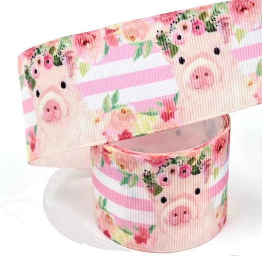 7/8" Pink Baby Pig Grosgrain Ribbon. Baby Piglet. Farm Animal Ribbon. Baby Shower- Diaper Cake Ribbon. Baby Pig with Rose's Princess Crown