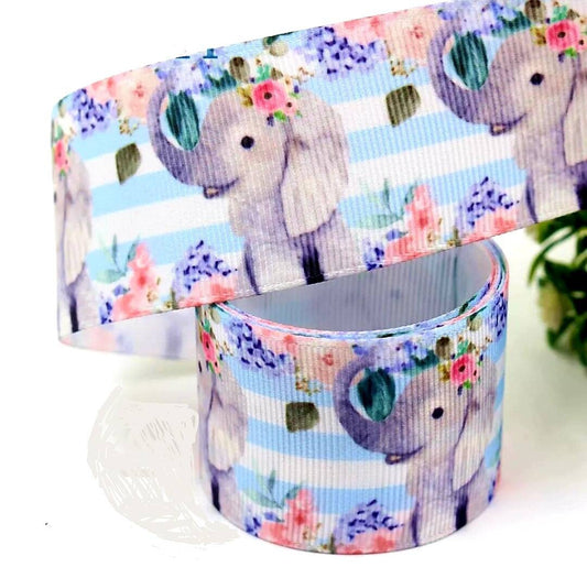 1.5" Baby Elephant Ribbon. Baby Elephant with Beautiful Flowers and Blue and White Horizontal Stripes. Baby Shower Ribbon Diaper Cake Ribbon