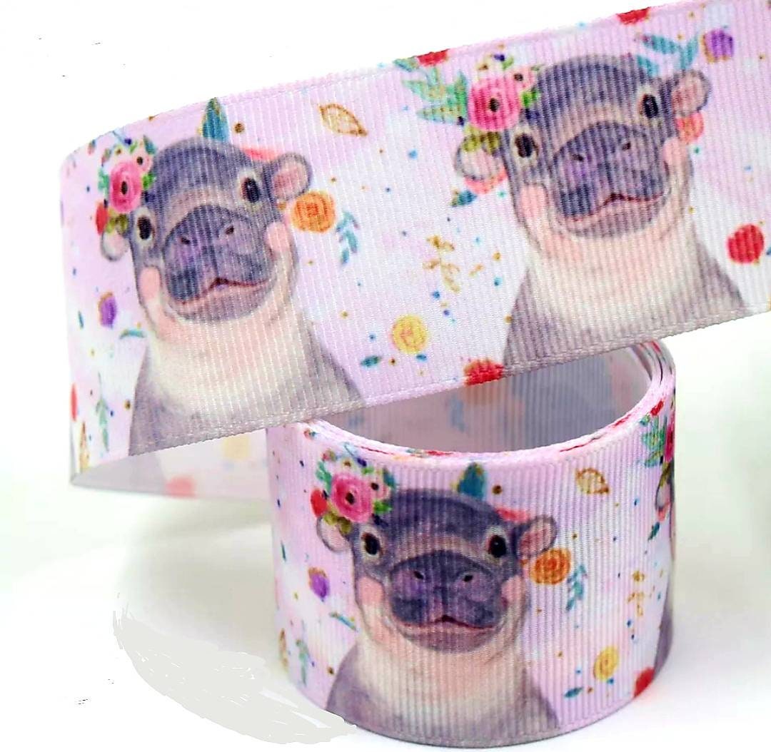 5/8" Cutest Baby Hippo Ribbon. Baby Hippo with Flower Bows. Hippo Baby Shower. Diaper Cake Ribbon. Baby Party Theme. Nursery Room Theme