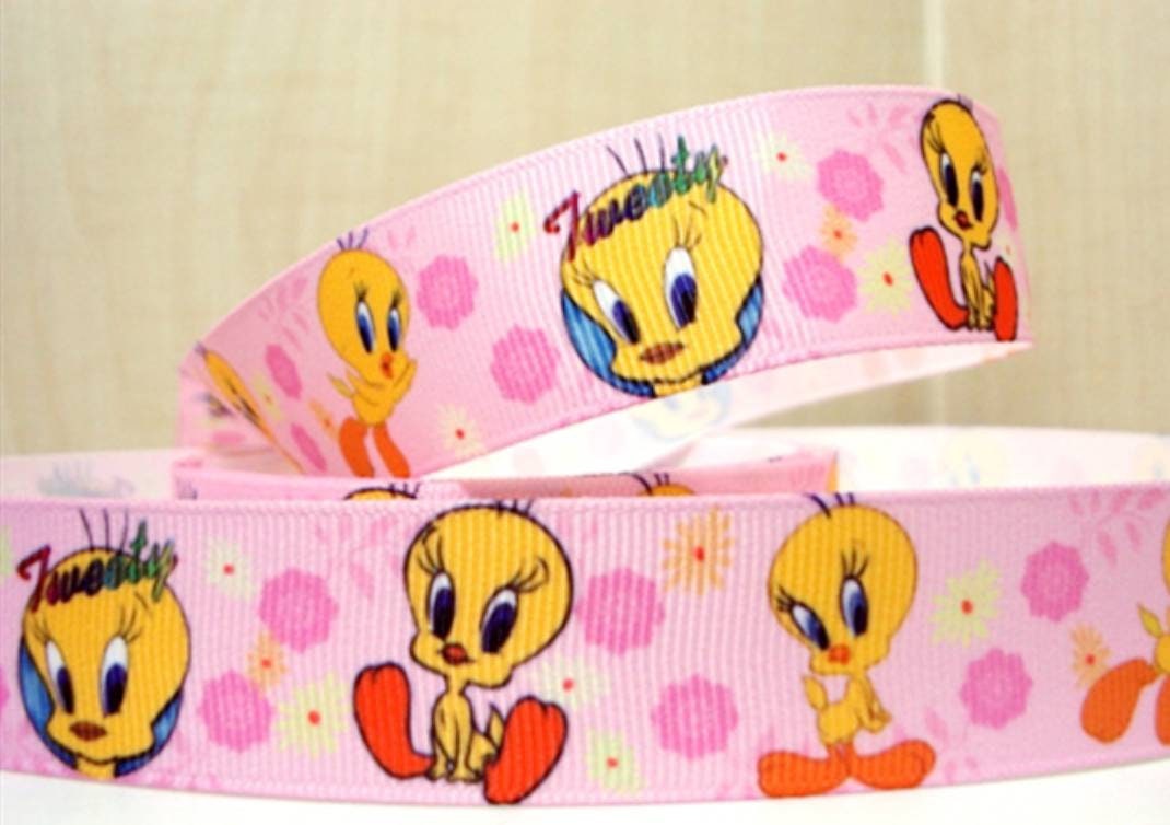 1'' Tweety Bird Grosgrain ribbon. Pink Tweety Bird with Flowers Cartoon Classics