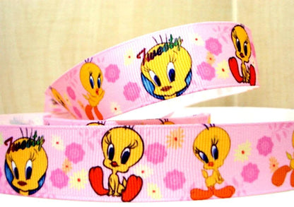 1'' Tweety Bird Grosgrain ribbon. Pink Tweety Bird with Flowers Cartoon Classics