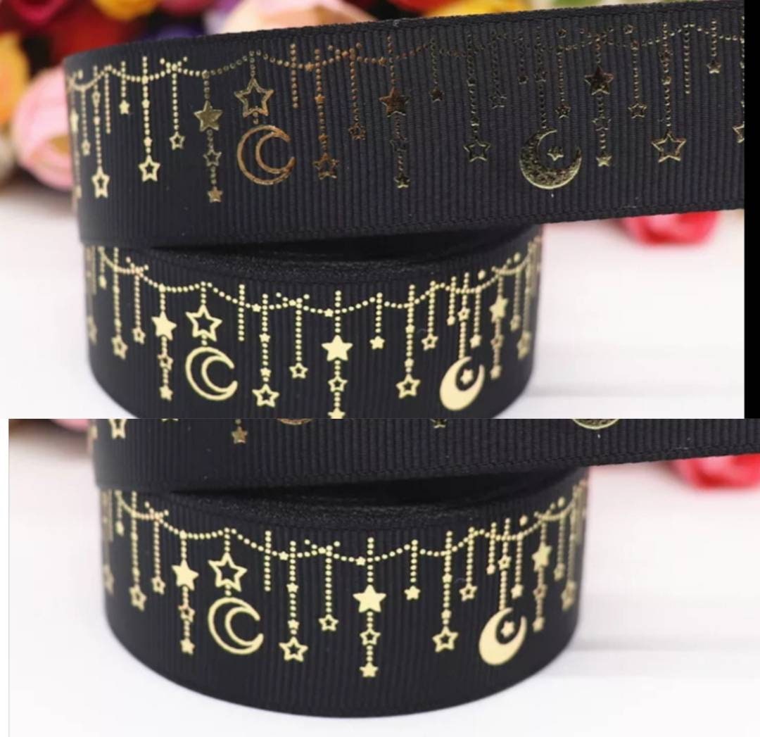 1.5" Black Gold Foil Moon and Stars Grosgrain Ribbon. Twilight Galaxy ribbon