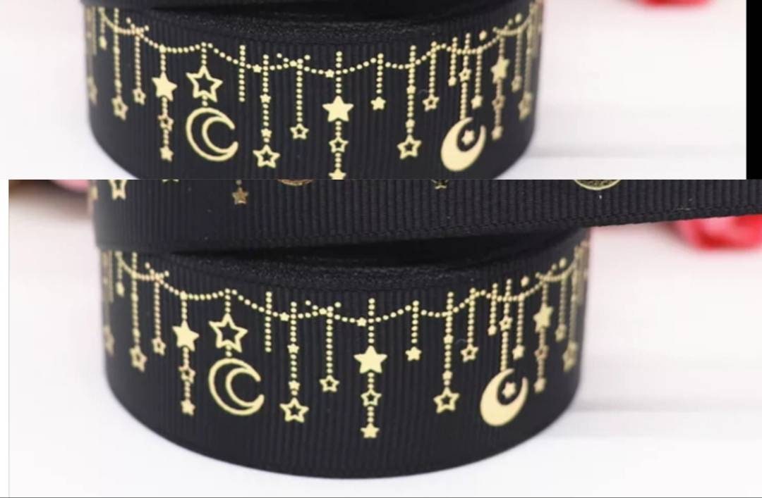 1.5" Black Gold Foil Moon and Stars Grosgrain Ribbon. Twilight Galaxy ribbon