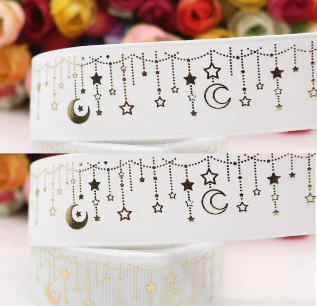 1" White Wedding Gold Foil Moon and Stars Grosgrain Ribbon