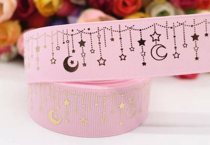 1" Pink Gold Foil Moon and Stars Grosgrain Ribbon