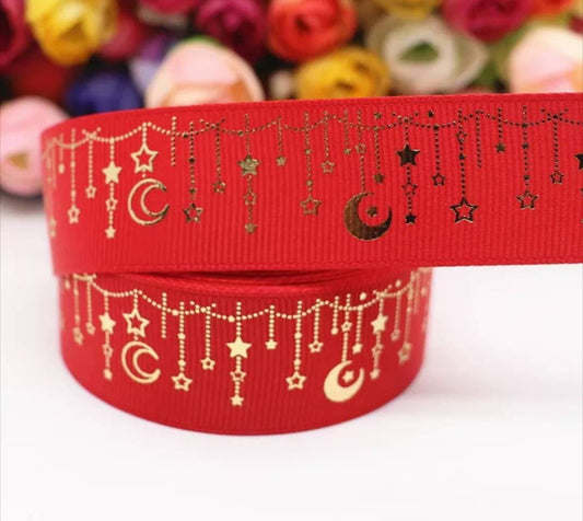 1" Red Gold Foil Moon and Stars Grosgrain Ribbon. Galaxy of stars