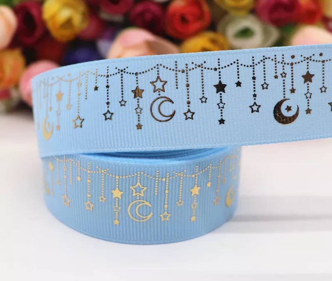 1" Light Blue Gold Foil Moon and Stars Grosgrain Ribbon Baby Blue Baby Shower Ribbon