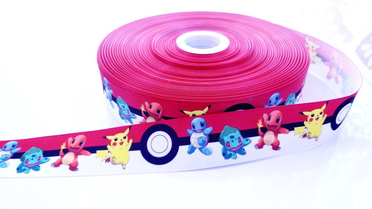 1.5" Pokeman Grosgrain Ribbon. Pokeballs and Pikachu