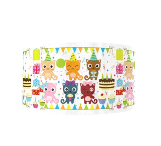 5/8" Birthday Party Cat  Ribbon. Kitty Cat Birthday Party Ribbon. Kitten Grosgrain Ribbon