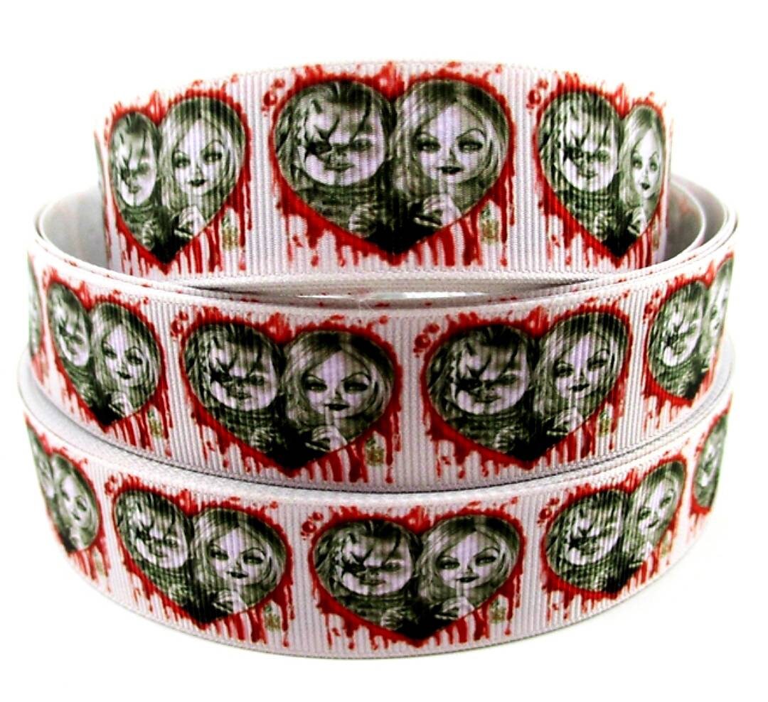 7/8" Chucky and his Bride Ribbon. Bride of Chucky. Bride of Chuckie Horror Ribbon. Haunted House Fright Night. Black Comedy