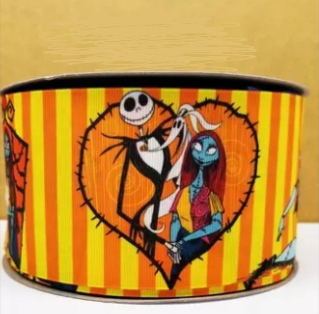 7/8" Jack Skellington Grosgrain Ribbon. Striped Orange and Black Jack Skellington and Sally.  Halloween Nightmare Before Christmas Ribbon.