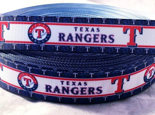 7/8" Texas Rangers MLB Grosgrain Ribbon. Baseball Sports MLB Ribbon. Deep Blue Edges with T