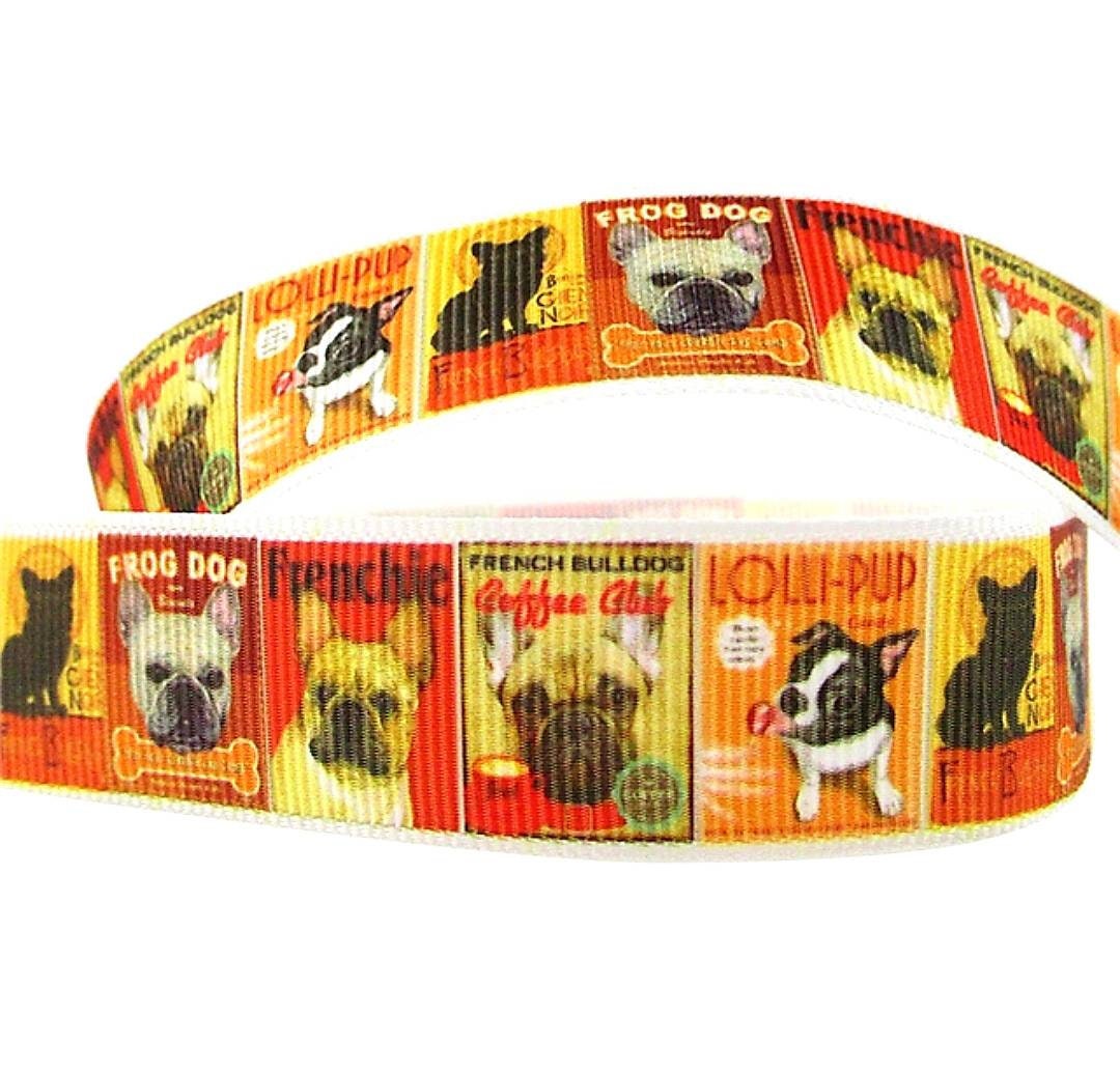 7/8'' French Bulldog Ribbon. Frog Dog Ribbon. Frenchie Dog Ribbon. Lollipup Ribbon