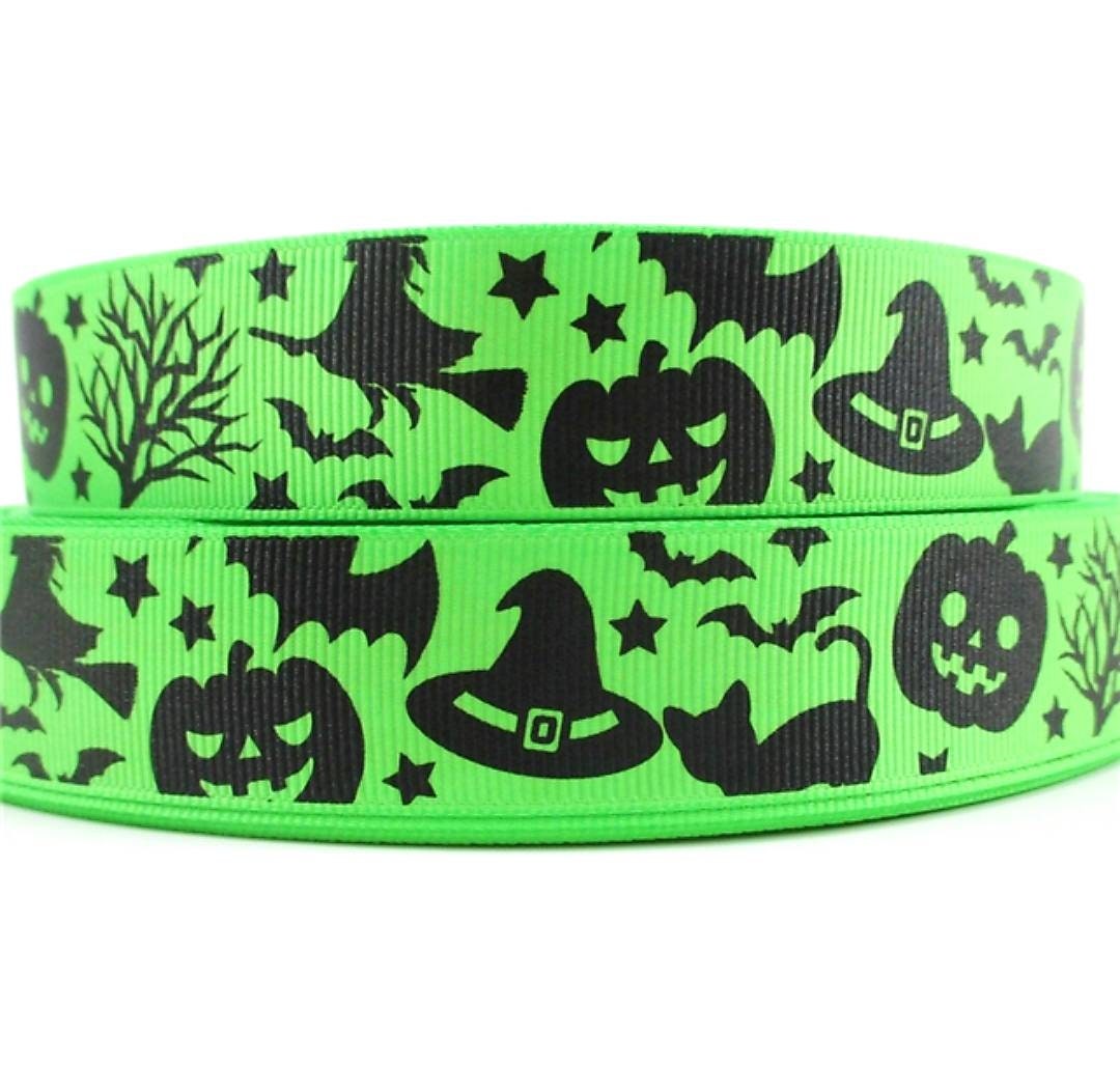 1" Halloween Lime Green Spooky Scary Halloween Grosgrain Ribbon. Witches- Jack o landerns-Black Cats-Scary Goblins Ribbon-Holiday Ribbon