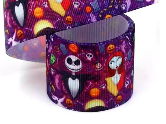 7/8" Jack Skellington and Rag Sally Grosgrain Ribbon. Halloween Nightmare Before Christmas Ribbon. Halloween Ribbon