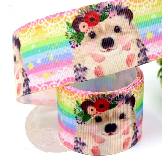 7/8" Baby Hedgehog Ribbon. Hedgehog with Flower Princess Crown. Bright Horizontal Colors Diaper Cake Ribbon. Baby Party Nursery Theme