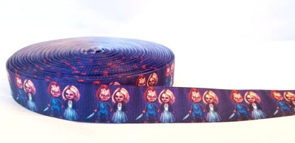 7/8" Chucky and his Bride Ribbon. Bride of Chucky. Bride of Chuckie Horror Ribbon. Haunted House Fright Night. Black Comedy Custom Design