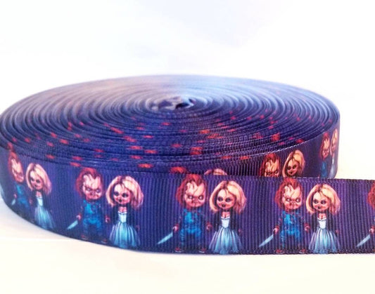 7/8" Chucky and his Bride Ribbon. Bride of Chucky. Bride of Chuckie Horror Ribbon. Haunted House Fright Night. Black Comedy Custom Design