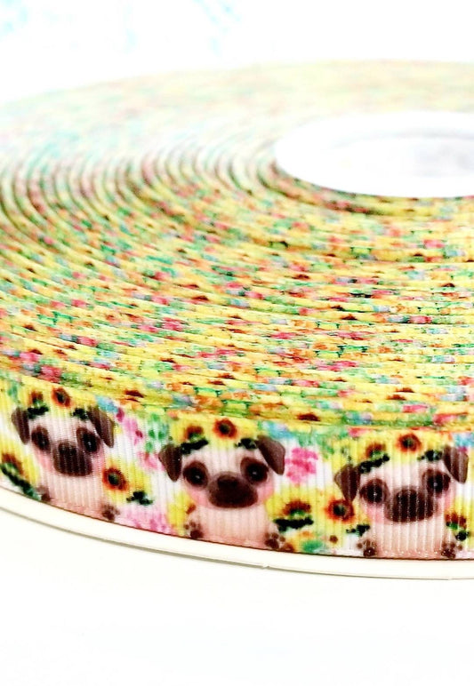 5/8'' Pug Dog Ribbon. Piggy Pug Dog. Sunflowers Ribbon