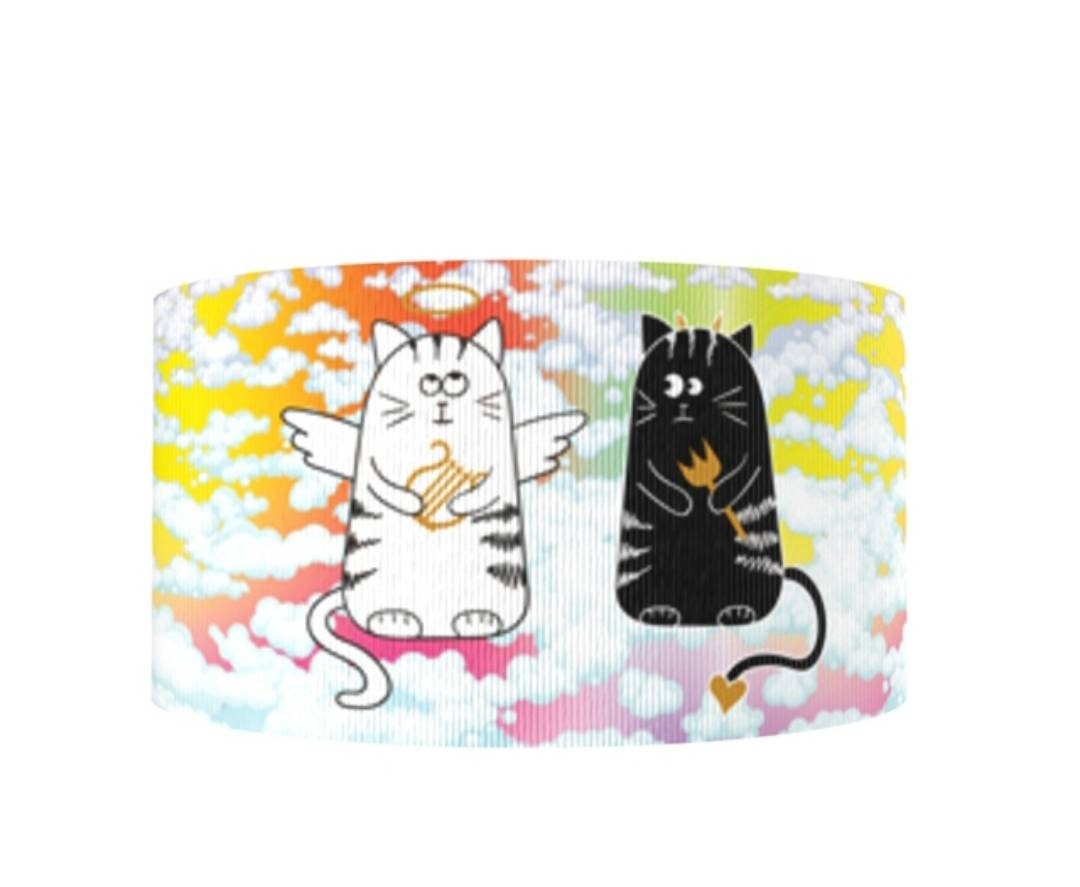 7/8" Good Angel and Bad Devil Kitty Cat Ribbon. Grosgrain Ribbon by the yard-Animal Rescue Ribbon Adopt a Pet Ribbon. Cute Cat Ribbon