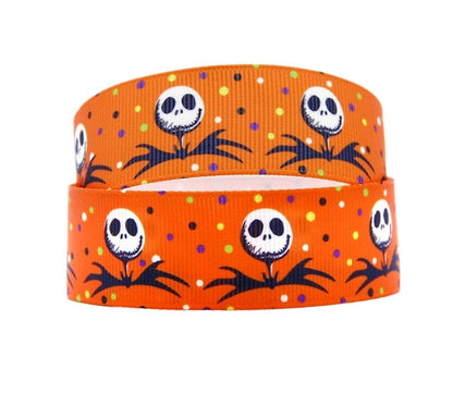 7/8" Jack Skellington Bright Orange Ribbon. Halloween Nightmare Before Christmas Ribbon. Grosgrain Ribbon