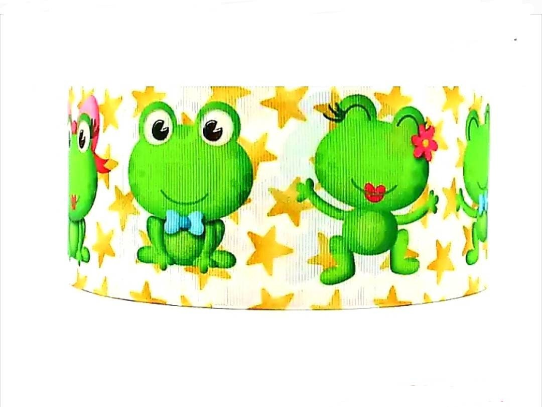 5/8" Green Frog Ribbon. Cute Cartoon Frog Grosgrain Ribbon. Kiss A Frog