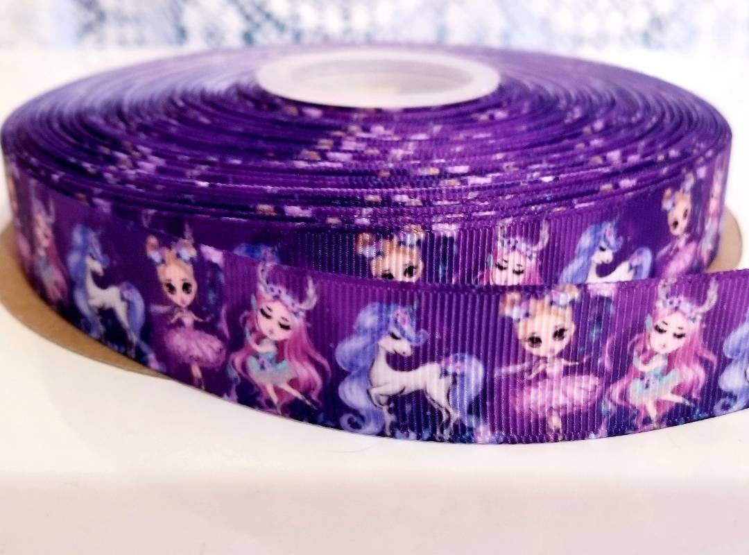 7/8" Unicorn and Ballerina Grosgrain Ribbon. Purple Ballerina. Fairest Ribbon.