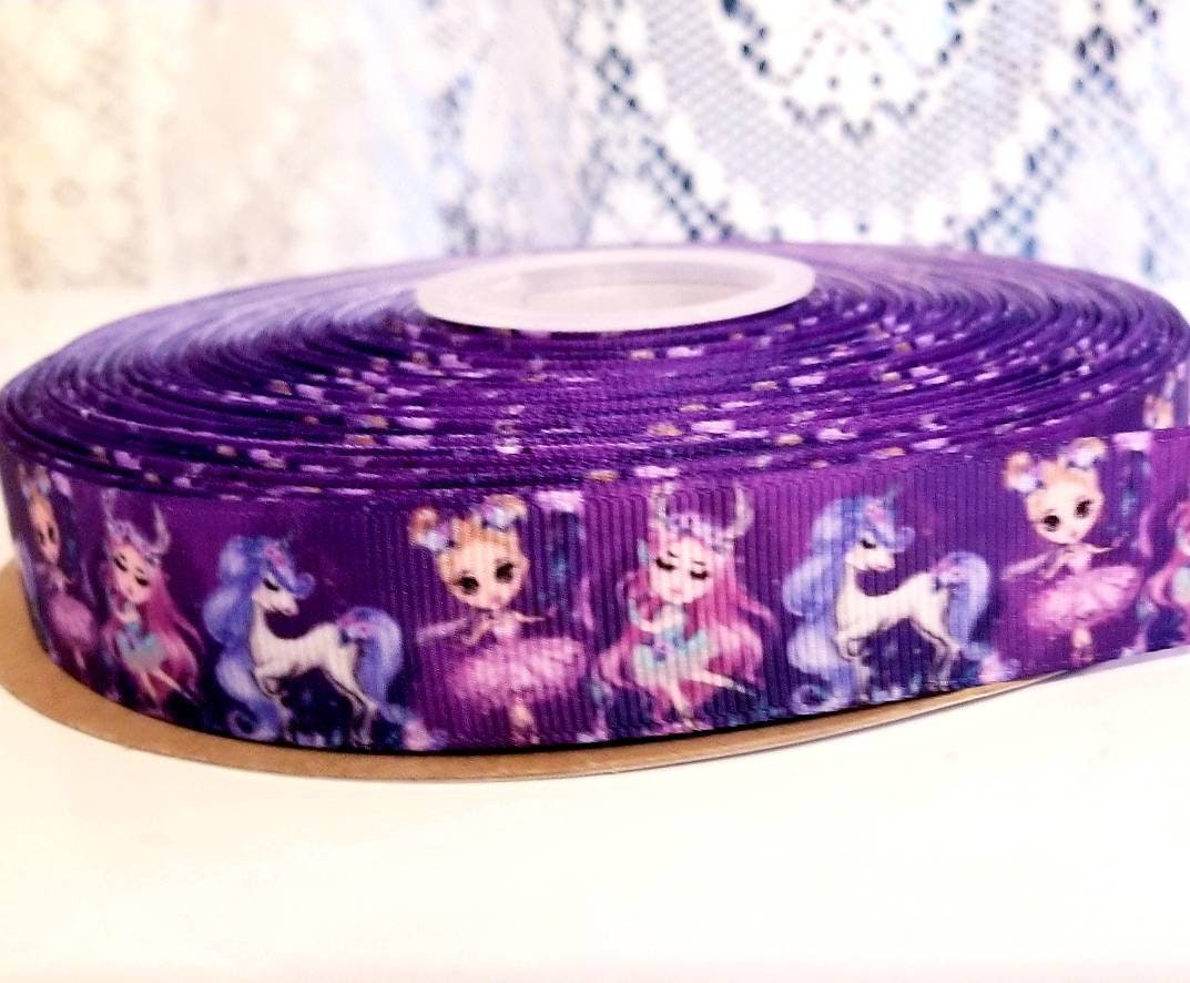 7/8" Unicorn and Ballerina Grosgrain Ribbon. Purple Ballerina. Fairest Ribbon.