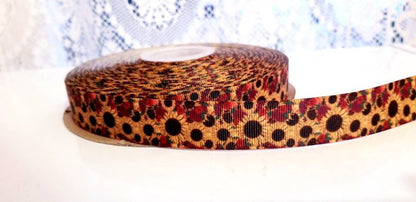 7/8" Sunflower Ribbon. Burnt Hues of Yellow and Orange Sunflower Harvest Ribbon. Flower Grosgrain Ribbon Ribbon by the yard