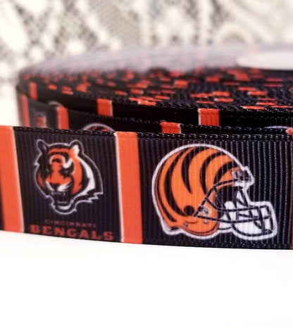 7/8" Cincinnati Bengals Grosgrain Ribbon. NFL Football Sports Ribbon.  Bengals Helmet