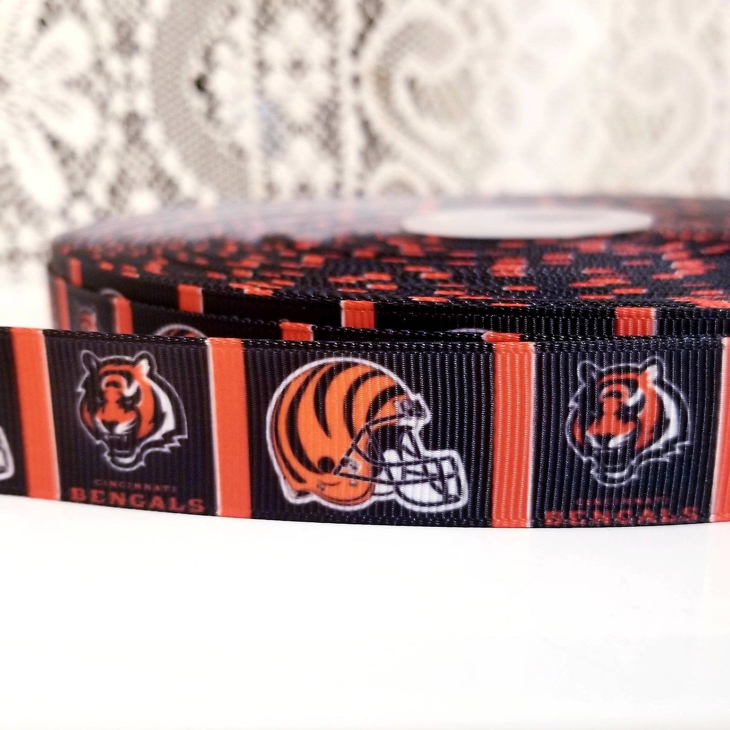 7/8" Cincinnati Bengals Grosgrain Ribbon. NFL Football Sports Ribbon.  Bengals Helmet