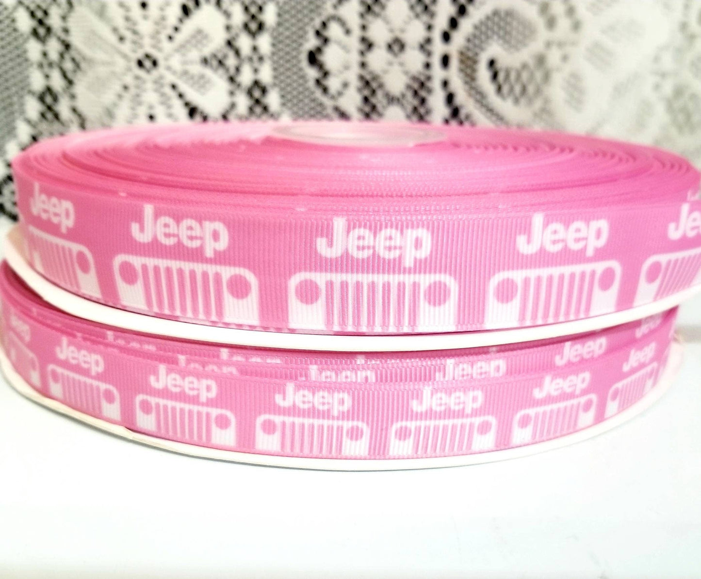 5/8" and 7/8" Pink Sports Vehicle  grosgrain ribbon.