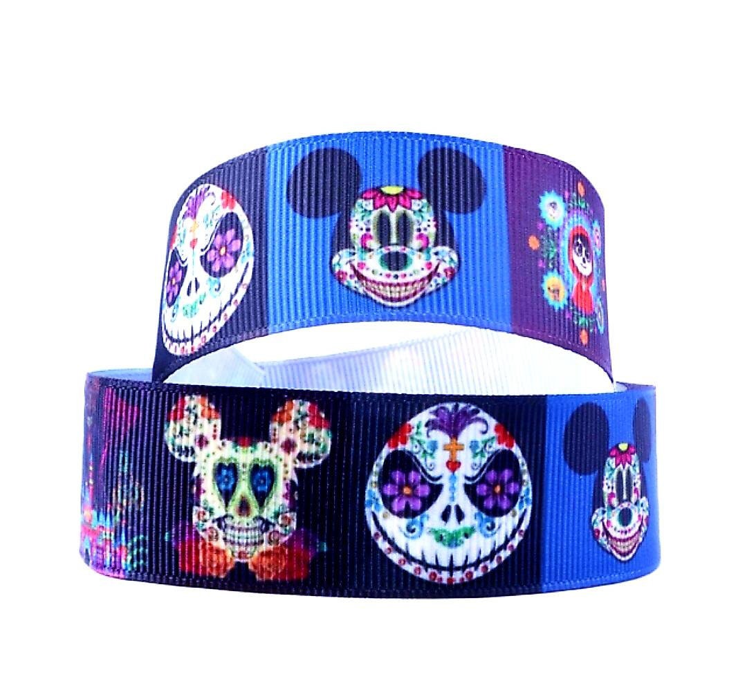 7/8" Mickey Mouse Sugar Skull Ribbon. Mickey Mouse and Jack Skellington Sugar Skull Ribbon. Mickey Mouse Day of the Dead.