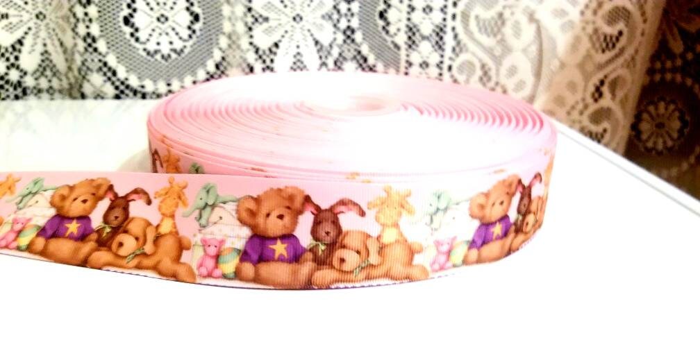 7/8" & 1.5" Plush Teddy Bear & Friends Grosgrain Ribbon. Nursery Room Stuff Toy Ribbon. Baby Shower Ribbon. Diaper Cake Ribbon. Giraffe