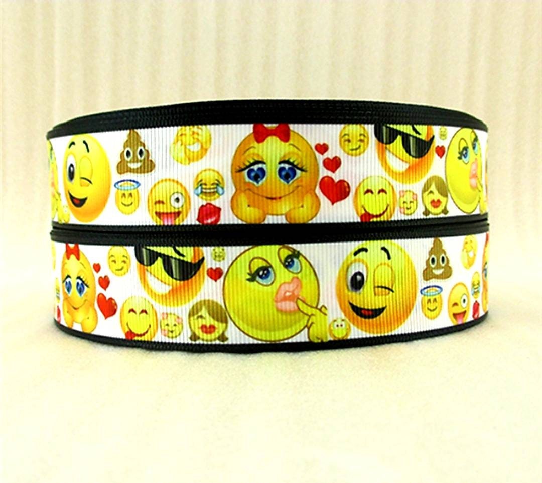 1" Emoji Grosgrain Ribbon. Bright Emojis poop Emoji Love Angel Emoji