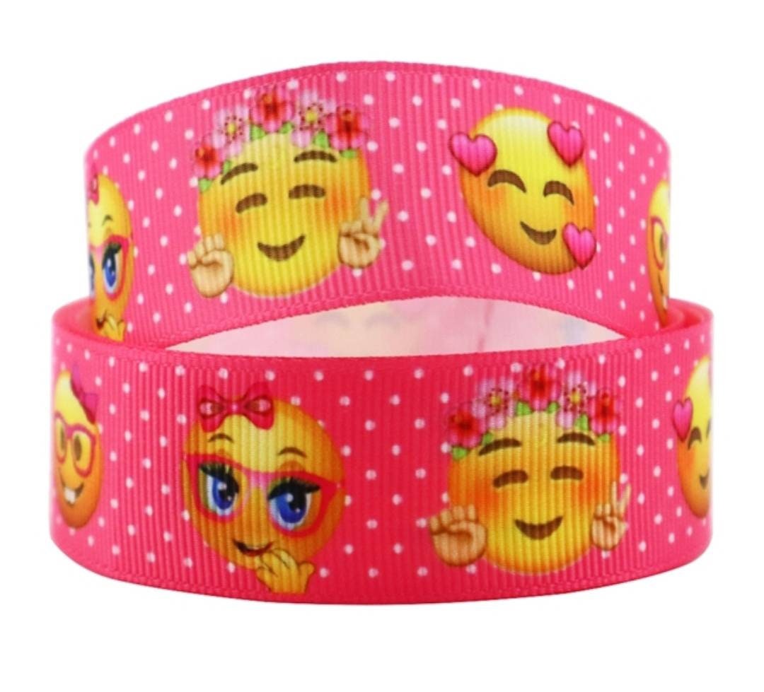 1" Pink Polka Dot Girl Emojis Grosgrain Ribbon. Bright Pink Emoji